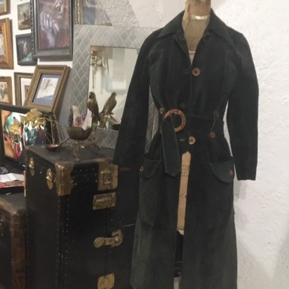 Vintage Green  Suede Leather trench coat - Picture 3 of 8